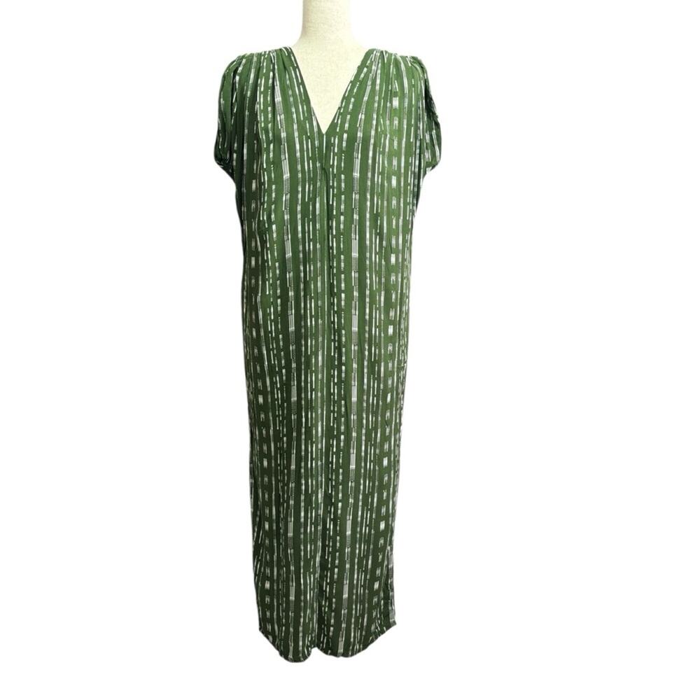 Anthropologie Porridge Olive Green V-Neck Striped Maxi Dress Size XS 1291